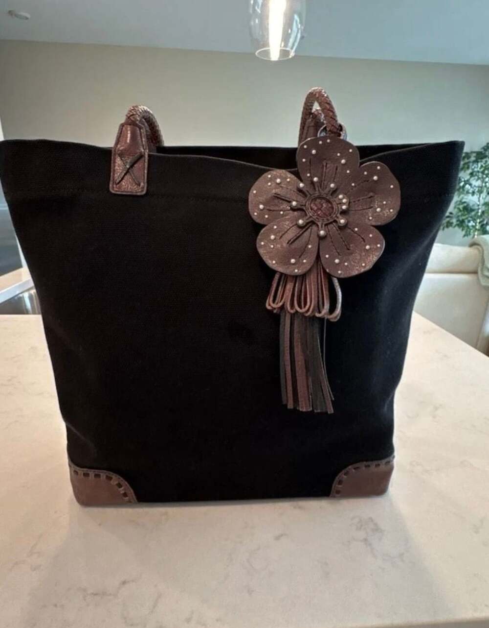 Brighton Canvas Shoulder Bag with leather details Logo Embossed Interior Patch
